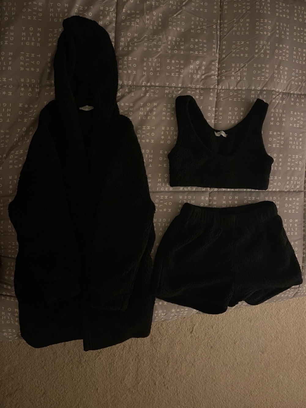 Cozy Black Lounge Set - Hooded Robe, Bralette & Shorts